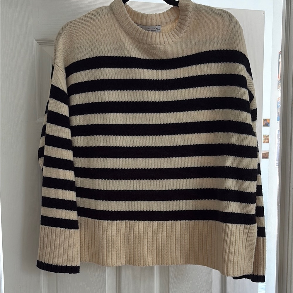 Zara Black and Cream Crew Neck Striped Sweater